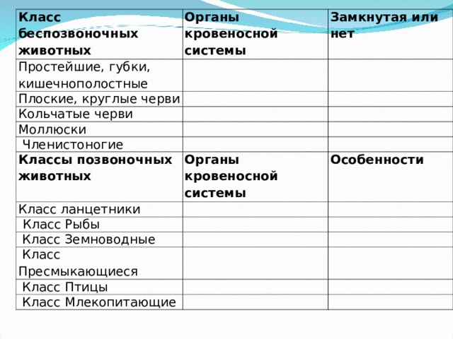 Класс беспозвоночных животных Органы кровеносной системы Простейшие, губки, кишечнополостные Плоские, круглые черви Замкнутая или нет Кольчатые черви Моллюски  Членистоногие Классы позвоночных животных Органы кровеносной системы Класс ланцетники  Класс Рыбы Особенности  Класс Земноводные  Класс Пресмыкающиеся  Класс Птицы  Класс Млекопитающие 