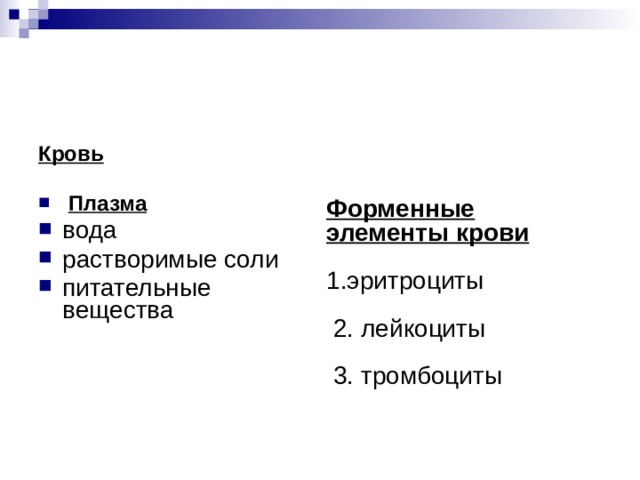 Кровь   Плазма вода растворимые соли питательные вещества Форменные элементы крови 1.эритроциты  2. лейкоциты  3. тромбоциты 