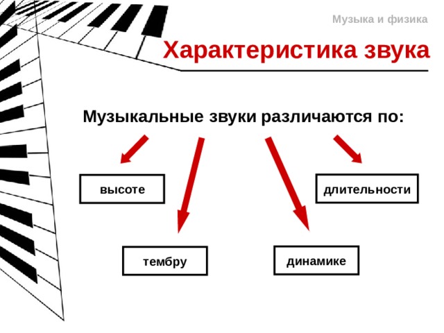 Музыка и физика Характеристика звука  Музыкальные звуки различаются по: длительности высоте динамике тембру 