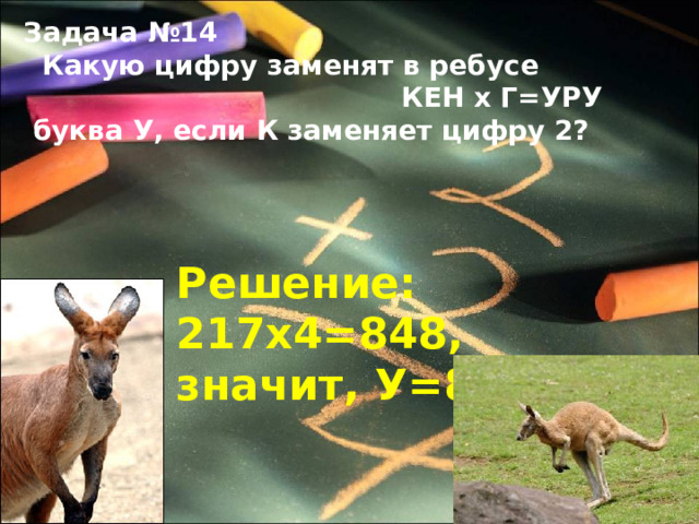 Задача №14  Какую цифру заменят в ребусе  КЕН х Г=УРУ  буква У, если К заменяет цифру 2? Решение: 217х4=848, значит, У=8 