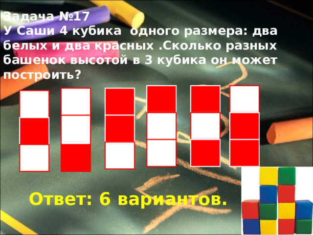 Задача №17 У Саши 4 кубика одного размера: два белых и два красных .Сколько разных башенок высотой в 3 кубика он может построить?  Ответ: 6 вариантов. 