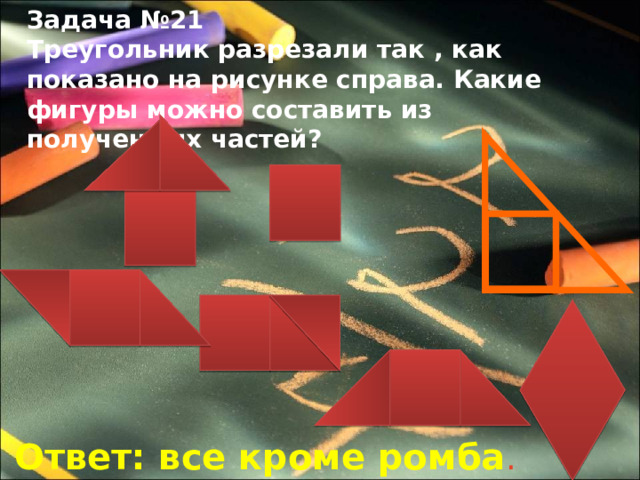 Задача №21 Треугольник разрезали так , как показано на рисунке справа. Какие фигуры можно составить из полученных частей? Ответ: все кроме ромба . 