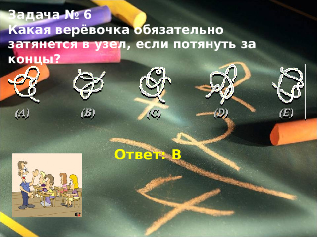 Задача № 6 Какая верёвочка обязательно затянется в узел, если потянуть за концы? Ответ: В 