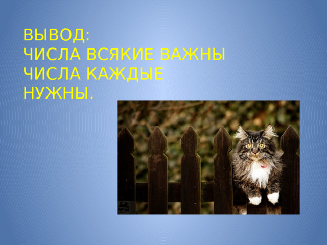 ВЫВОД:  ЧИСЛА ВСЯКИЕ ВАЖНЫ ЧИСЛА КАЖДЫЕ НУЖНЫ. 