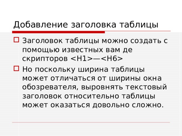 Добавление заголовка таблицы Заголовок таблицы можно создать с помощью известных вам де­скрипторов — Но поскольку ширина таблицы может отличаться от ширины окна обозревателя, выровнять текстовый заголовок относительно таблицы может оказаться довольно сложно.  