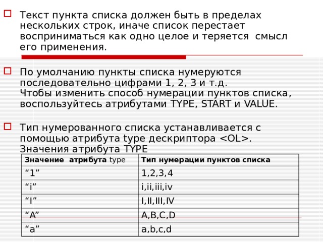 Текст пункта списка должен быть в пределах нескольких строк, иначе список перестает восприниматься как одно целое и теряется смысл его применения.   По умолчанию пункты списка нумеруются последовательно цифрами 1, 2, 3 и т.д.  Чтобы изменить способ нумерации пунктов списка, воспользуйтесь атрибутами TYPE , START и VALUE .   Тип нумерованного списка устанавливается с помощью атрибута type дескриптора .  Значения атрибута TYPE Значение  атрибута type “ 1” Тип нумерации пунктов списка “ i” 1 ,2,3,4 i,ii,iii,iv “ I” “ A” I,II,III,IV “ a” A,B,C,D a,b,c,d 