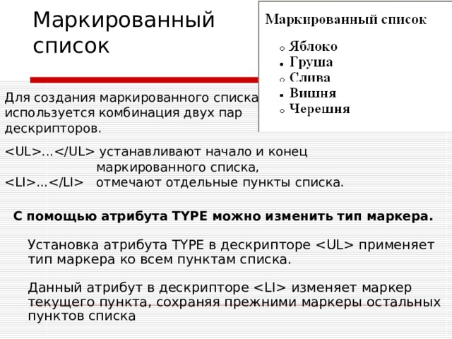 Маркированный список Для создания маркированного списка используется комбинация двух пар дескрипторов.    ... устанавливают начало и конец  маркированного списка, ... отмечают отдельные пункты списка.  С помощью атрибута TYPE можно изменить тип маркера.    Установка атрибута TYPE в дескрипторе  применяет тип маркера ко всем пунктам списка.   Данный атрибут в дескрипторе  изменяет  маркер текущего пункта, сохраняя прежними маркеры  остальных пунктов списка 