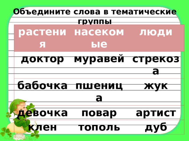 Объедините слова в тематические группы растения насекомые доктор люди муравей бабочка стрекоза пшеница девочка клен жук повар артист тополь дуб  