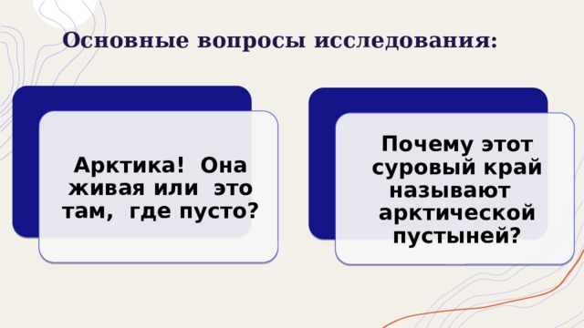 Основные вопросы исследования:   Арктика! Она живая или это там, где пусто? Почему этот суровый край называют арктической пустыней? 
