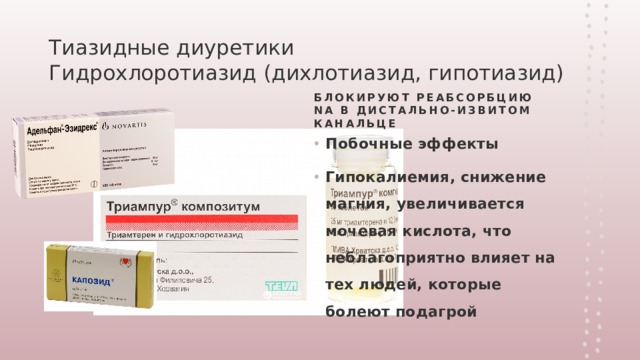 Тиазидные диуретики  Гидрохлоротиазид (дихлотиазид, гипотиазид) Блокируют реабсорбцию Na в дистально-извитом канальце Побочные эффекты Гипокалиемия, снижение магния, увеличивается мочевая кислота, что неблагоприятно влияет на тех людей, которые болеют подагрой 
