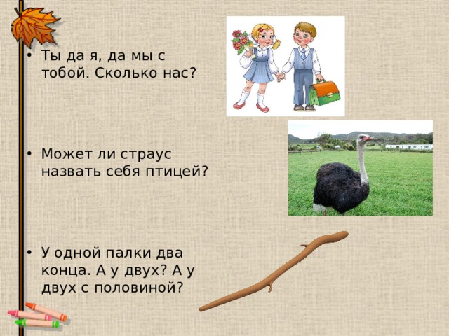 Ты да я, да мы с тобой. Сколько нас? Может ли страус назвать себя птицей? У одной палки два конца. А у двух? А у двух с половиной? 