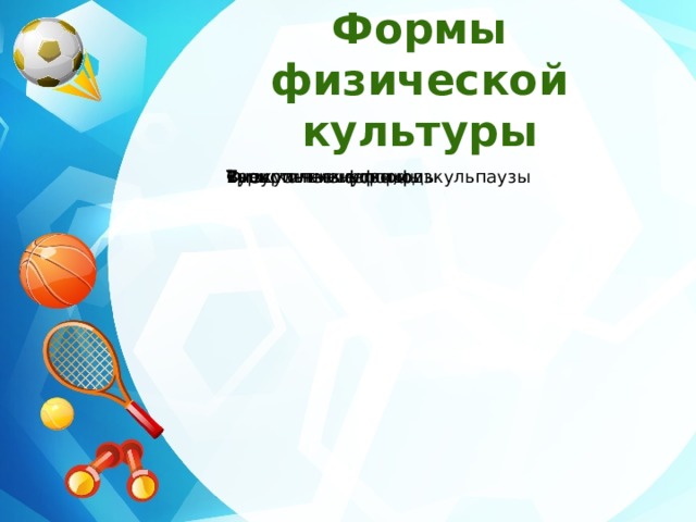 Формы физической культуры Урок Внеурочные формы Внешкольные формы Физкультминутки,физкульпаузы Туристические походы 