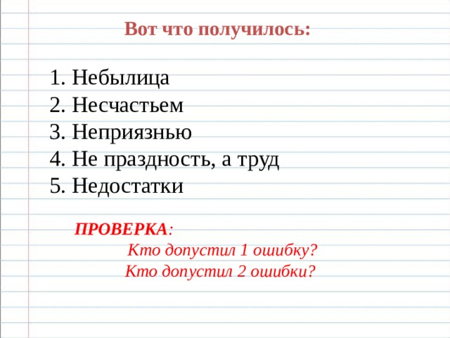 Вот что получилось:   1. Небылица 2. Несчастьем 3. Неприязнью 4. Не праздность, а труд 5. Недостатки 1. Небылица 2. Несчастьем 3. Неприязнью 4. Не праздность, а труд 5. Недостатки 1. Небылица 2. Несчастьем 3. Неприязнью 4. Не праздность, а труд 5. Недостатки  ПРОВЕРКА :    Кто допустил 1 ошибку?  Кто допустил 2 ошибки? 