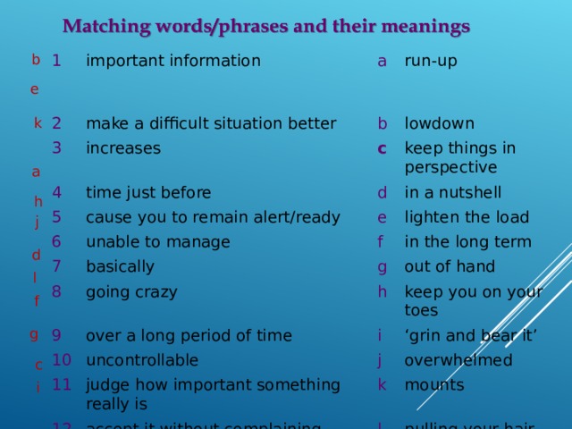 b 1 2 important information make a difficult situation better 3 a run-up 4 b increases 5 time just before c lowdown keep things in perspective cause you to remain alert/ready d 6 in a nutshell e 7 unable to manage lighten the load f basically 8 9 going crazy g in the long term out of hand over a long period of time 10 h keep you on your toes 11 i uncontrollable 12 judge how important something really is j ‘ grin and bear it’ k overwhelmed accept it without complaining mounts l pulling your hair out e k a h j d l f g c i  