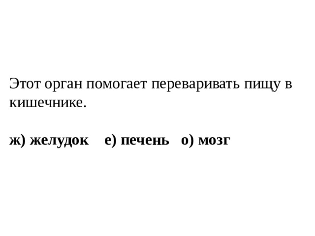 Этот орган помогает переваривать пищу в кишечнике. ж) желудок е) печень о) мозг 