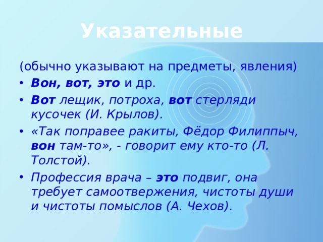 Указательные (обычно указывают на предметы, явления) Вон, вот, это и др. Вот лещик, потроха, вот стерляди кусочек (И. Крылов). «Так поправее ракиты, Фёдор Филиппыч, вон там-то», - говорит ему кто-то (Л. Толстой). Профессия врача – это подвиг, она требует самоотвержения, чистоты души и чистоты помыслов (А. Чехов). 
