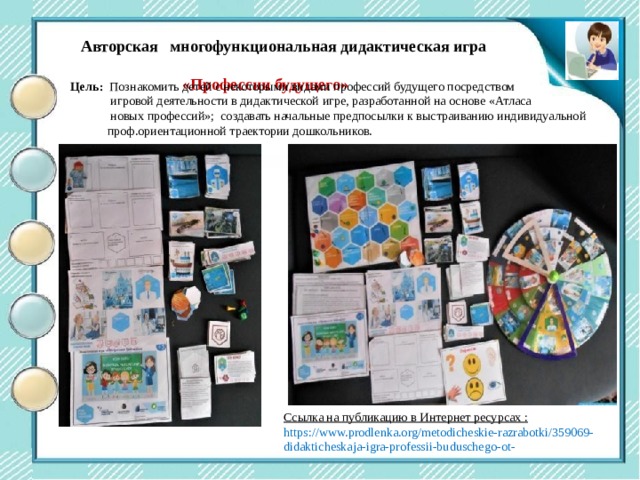 Центр двигательной активности Авторская многофункциональная дидактическая игра  «Профессии будущего» Цель: Познакомить детей с некоторыми видами профессий будущего посредством  игровой деятельности в дидактической игре, разработанной на основе «Атласа  новых профессий»; создавать начальные предпосылки к выстраиванию индивидуальной  проф.ориентационной траектории дошкольников. Ссылка на публикацию в Интернет ресурсах : https://www.prodlenka.org/metodicheskie-razrabotki/359069-didakticheskaja-igra-professii-buduschego-ot- 