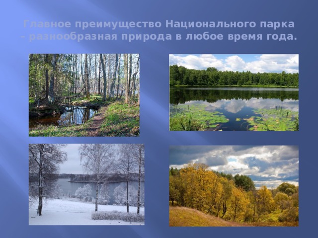 Главное преимущество Национального парка – разнообразная природа в любое время года. 