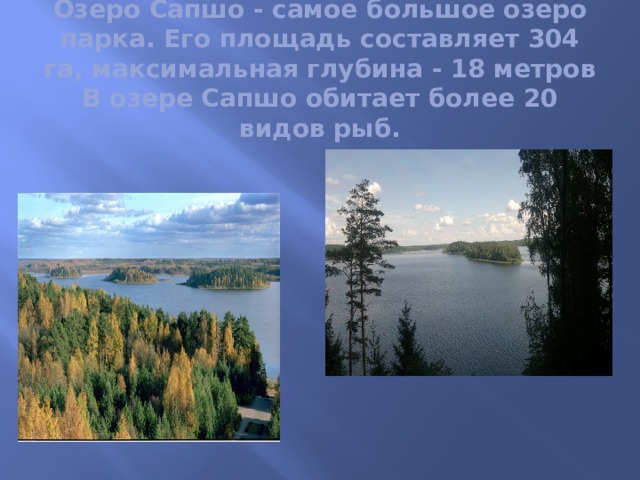 Озеро Сапшо - самое большое озеро парка. Его площадь составляет 304 га, максимальная глубина - 18 метров В озере Сапшо обитает более 20 видов рыб. 