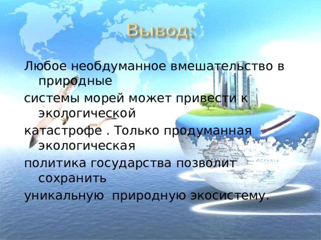 Любое необдуманное вмешательство в природные системы морей может привести к экологической катастрофе . Только продуманная экологическая политика государства позволит сохранить уникальную природную экосистему. 