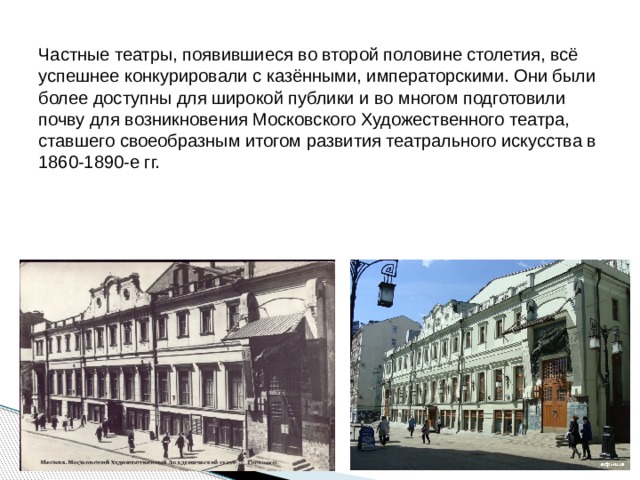 Частные театры, появившиеся во второй половине столетия, всё успешнее конкурировали с казёнными, императорскими. Они были более доступны для широкой публики и во многом подготовили почву для возникновения Московского Художественного театра, ставшего своеобразным итогом развития театрального искусства в 1860-1890-е гг. 