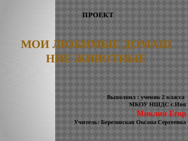 ПРОЕКТ Мои любимые домашние животные Выполнил : ученик 2 класса МКОУ НШДС с.Иня Миклин  Егор Учитель: Березовская Оксана Сергеевна  