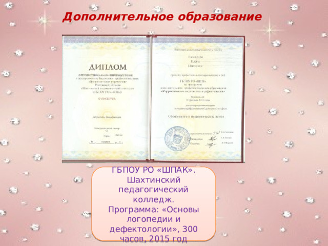 Дополнительное образование ГБПОУ РО «ШПАК». Шахтинский педагогический колледж. Программа: «Основы логопедии и дефектологии», 300 часов, 2015 год 