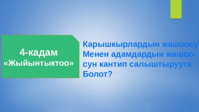 4-кадам «Жыйынтыктоо» Карышкырлардын жашоосу Менен адамдардын жашоо-сун кантип салыштырууга Болот? 
