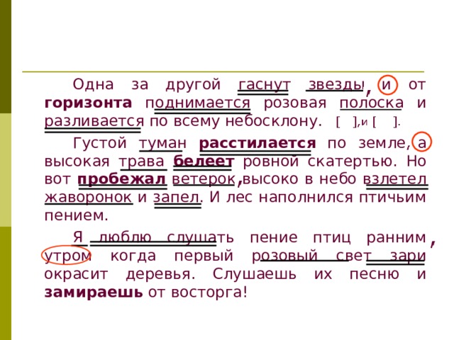   Одна за другой гаснут звезды и от горизонта поднимается розовая полоска и разливается по всему небосклону.   Густой туман расстилается по земле а высокая трава белеет ровной скатертью. Но вот пробежал ветерок высоко в небо взлетел жаворонок и запел. И лес наполнился птичьим пением.   Я люблю слушать пение птиц ранним утром когда первый розовый свет зари окрасит деревья. Слушаешь их песню и замираешь от восторга! 