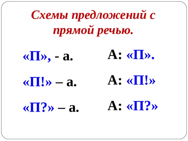 Схемы предложений с прямой речью. А: «П». А: «П!»  А: «П?» «П», - а. «П!» – а. «П?» – а. 
