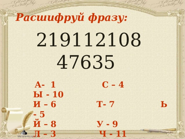 Расшифруй фразу: 219112108 47635  А- 1 С – 4 Ы - 10 И – 6 Т- 7 Ь - 5 Й – 8 У - 9 Л – 3 Ч - 11 Н- 2  