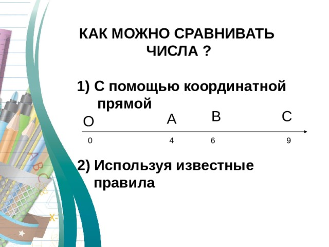 КАК МОЖНО СРАВНИВАТЬ  ЧИСЛА ?   1) С помощью координатной  прямой В С  А О 2) Используя известные  правила 