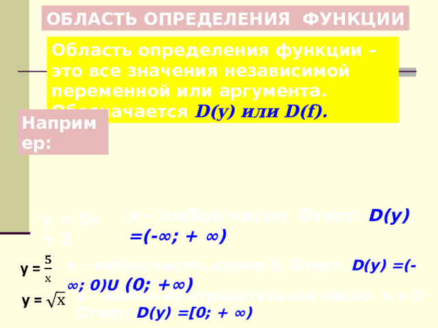 ОБЛАСТЬ ОПРЕДЕЛЕНИЯ ФУНКЦИИ Область определения функции – это все значения независимой переменной или аргумента. Обозначается D(y) или D(f) .  Например: х – любое число  Ответ:  D(y) =(- ∞ ; + ∞ )  у = 5х +  1 х – любое число, кроме 0. Ответ:  D(y) =(- ∞ ; 0) U ( 0 ; +∞ )  х – любое не отрицательное число  х ≥ 0 Ответ:  D(y) =[0; + ∞ ) 