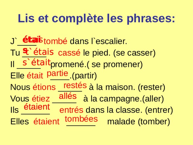 Lis et complète les phrases: étais étais étais étais  J`____ tombé dans l`escalier. Tu _____ cassé le pied. (se casser) Il _____ promené.( se promener) Elle était   ____.(partir) Nous étions _____ à la maison. (rester) Vous étiez _____ à la campagne.(aller) Ils ______ entrés dans la classe. (entrer) Elles étaient __ ___ _ malade (tomber) t`étais t`étais s`était s`était partie restés allés allés étaient étaient étaient tombées 