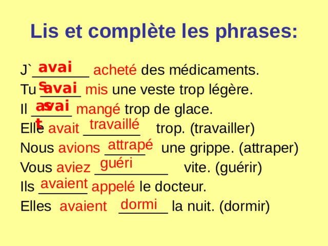 Lis et complète les phrases: avais J`_______ acheté des médicaments. Tu _____ mis une veste trop légère. Il _____ mangé trop de glace. Elle avait _______ trop. ( travailler ) Nous avions _____ une grippe. ( attraper )  Vous aviez _________ vite. ( guérir ) Ils ______ appelé le docteur. Elles avaient ______ la nuit. ( dormir ) avais avait travaillé attrapé guéri avaient dormi 