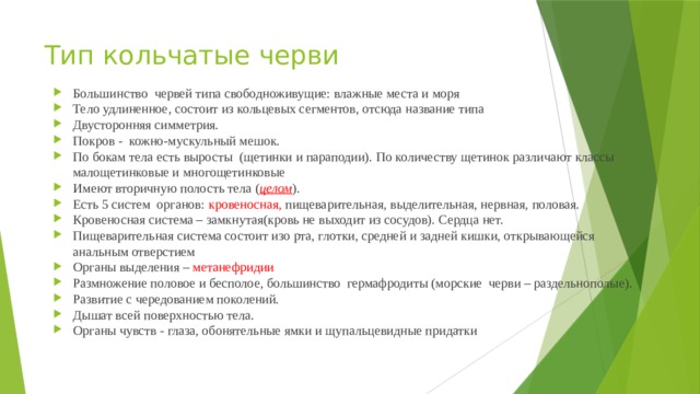 Тип кольчатые черви Большинство червей типа свободноживущие: влажные места и моря Тело удлиненное, состоит из кольцевых сегментов, отсюда название типа Двусторонняя симметрия. Покров - кожно-мускульный мешок. По бокам тела есть выросты (щетинки и параподии). По количеству щетинок различают классы малощетинковые и многощетинковые Имеют вторичную полость тела ( целом ). Есть 5 систем органов: кровеносная, пищеварительная, выделительная, нервная, половая. Кровеносная система – замкнутая(кровь не выходит из сосудов). Сердца нет. Пищеварительная система состоит изо рта, глотки, средней и задней кишки, открывающейся анальным отверстием Органы выделения – метанефридии Размножение половое и бесполое, большинство гермафродиты (морские черви – раздельнополые). Развитие с чередованием поколений. Дышат всей поверхностью тела. Органы чувств - глаза, обонятельные ямки и щупальцевидные придатки 