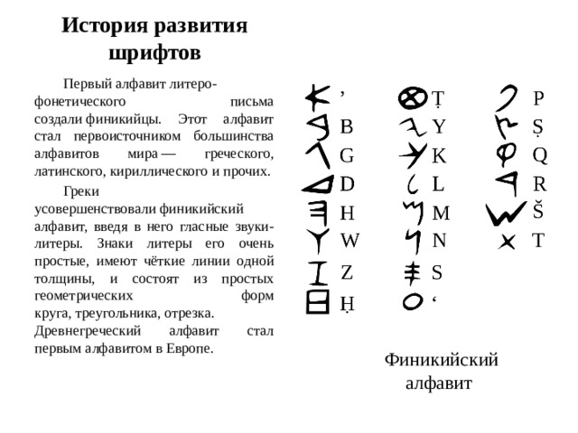 История развития шрифтов Первый алфавит литеро-фонетического письма создали финикийцы. Этот алфавит стал первоисточником большинства алфавитов мира — греческого, латинского, кириллического и прочих. Греки усовершенствовали финикийский алфавит, введя в него гласные звуки-литеры. Знаки литеры его очень простые, имеют чёткие линии одной толщины, и состоят из простых геометрических форм круга, треугольника, отрезка. Древнегреческий алфавит стал первым алфавитом в Европе. Финикийский алфавит 