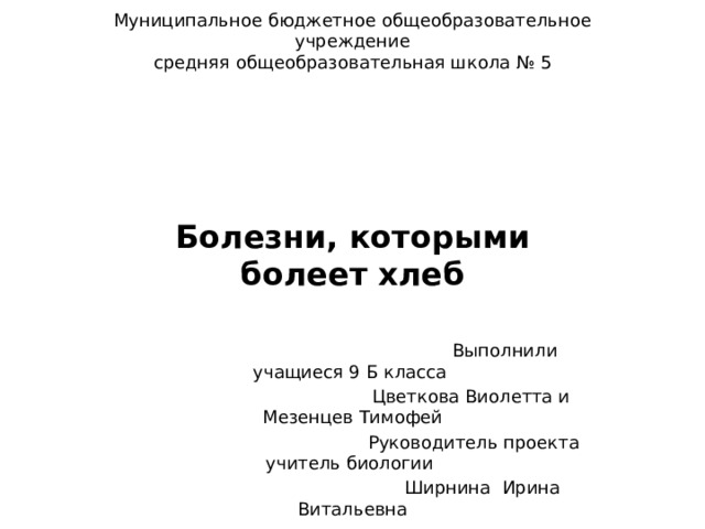 Муниципальное бюджетное общеобразовательное учреждение  средняя общеобразовательная школа № 5   Болезни, которыми болеет хлеб   Выполнили учащиеся 9 Б класса  Цветкова Виолетта и Мезенцев Тимофей  Руководитель проекта учитель биологии  Ширнина Ирина Витальевна Бердск 2019 г 