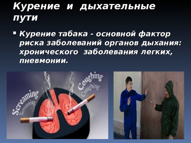 Курение и дыхательные пути Курение табака - основной фактор риска заболеваний органов дыхания: хронического заболевания легких, пневмонии. 