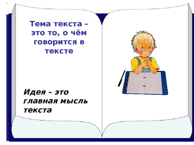 Тема текста – это то, о чём говорится в тексте   Идея – это главная мысль текста 