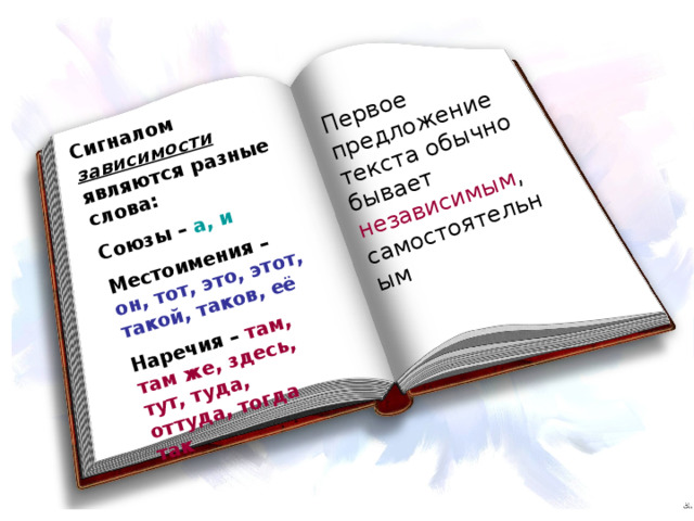 Сигналом зависимости являются разные слова: Союзы – а, и Местоимения – он, тот, это, этот, такой, таков, её Наречия – там, там же, здесь, тут, туда, оттуда, тогда так Первое предложение текста обычно бывает независимым , самостоятельным 