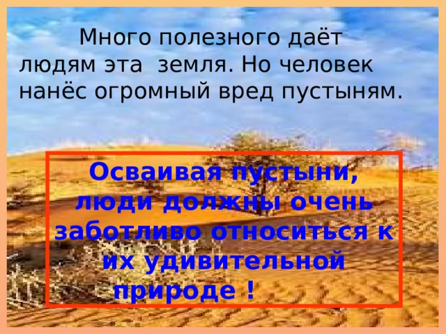  Много полезного даёт людям эта земля. Но человек нанёс огромный вред пустыням.                Осваивая пустыни, люди должны очень заботливо относиться к их удивительной природе !     