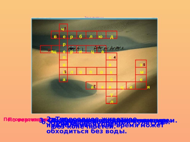 Зона пустынь.   ч р ю л б в д  е р е ц и р я щ  а  с п а  а  з х   к п о  о  м л а  с е   к а  ц и я а у л 2. Травоядное животное, продолжительное время может обходиться без воды. По вертикали: 1. Животное, покрытое панцирем. 4. Характерное дерево пустынь. 5. Пресмыкающееся животное, без конечностей. По горизонтали: 3. Пресмыкающееся животное. 6. Продукт волокнистой культуры. 7. Растение пустынь. 