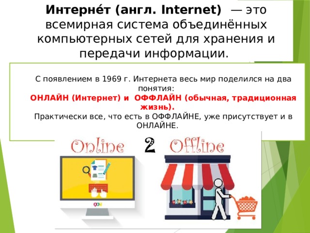 Интерне́т (англ. Internet) — это всемирная система объединённых компьютерных сетей для хранения и передачи информации. С появлением в 1969 г. Интернета весь мир поделился на два понятия: ОНЛАЙН (Интернет) и ОФФЛАЙН (обычная, традиционная жизнь). Практически все, что есть в ОФФЛАЙНЕ, уже присутствует и в ОНЛАЙНЕ. 