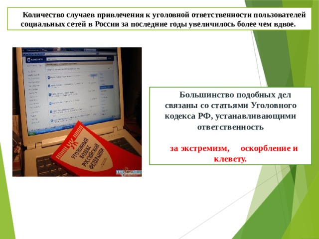 Количество случаев привлечения к уголовной ответственности пользователей социальных сетей в России за последние годы увеличилось более чем вдвое.  Большинство подобных дел связаны со статьями Уголовного кодекса РФ, устанавливающими ответственность  за экстремизм, оскорбление и  клевету. 
