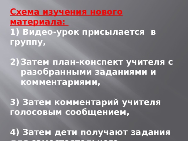 Схема изучения нового материала: 1) Видео-урок присылается в группу,  Затем план-конспект учителя с разобранными заданиями и комментариями,  3) Затем комментарий учителя голосовым сообщением,  4) Затем дети получают задания для самостоятельного выполнения 