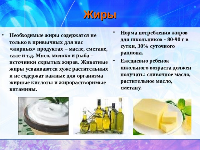 Жиры  Необходимые жиры содержатся не только в привычных для нас «жирных» продуктах – масле, сметане, сале и т.д. Мясо, молоко и рыба – источники скрытых жиров. Животные жиры усваиваются хуже растительных и не содержат важные для организма жирные кислоты и жирорастворимые витамины .  Норма потребления жиров для школьников - 80-90 г в сутки, 30% суточного рациона. Ежедневно ребенок школьного возраста должен получать: сливочное масло, растительное масло, сметану.  