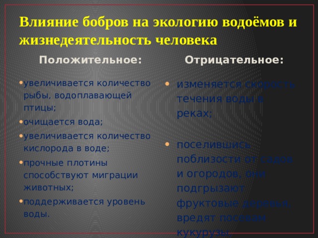 Влияние бобров на экологию водоёмов и жизнедеятельность человека Положительное: Отрицательное:   увеличивается количество рыбы, водоплавающей птицы; очищается вода; увеличивается количество кислорода в воде; прочные плотины способствуют миграции животных; поддерживается уровень воды. изменяется скорость течения воды в реках; поселившись поблизости от садов и огородов, они подгрызают фруктовые деревья, вредят посевам кукурузы, плантациям картофеля. 