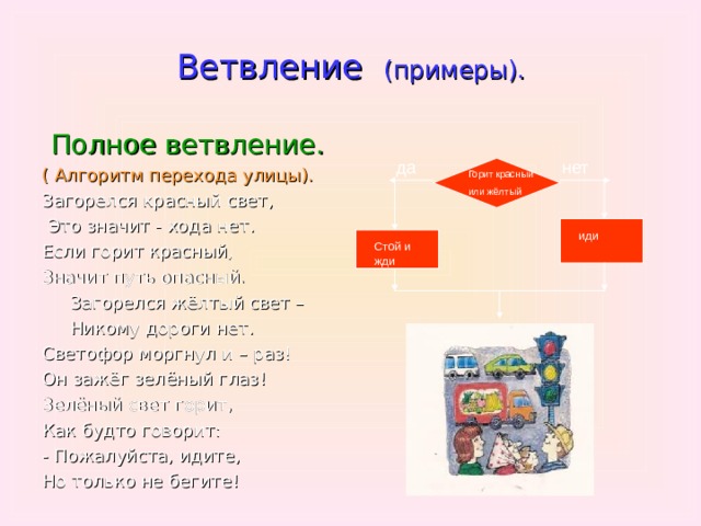 Ветвление (примеры).  Полное ветвление. ( Алгоритм перехода улицы). Загорелся красный свет,  Это значит - хода нет. Если горит красный, Значит путь опасный.  Загорелся жёлтый свет –  Никому дороги нет. Светофор моргнул и – раз! Он зажёг зелёный глаз! Зелёный свет горит, Как будто говорит: - Пожалуйста, идите, Но только не бегите! да нет Горит красный или жёлтый иди Стой и жди 