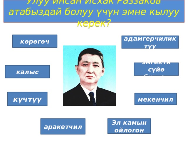 Улуу инсан Исхак Раззаков атабыздай болуу үчүн эмне кылуу керек? көрөгөч адамгерчиликтүү эмгекти сүйө билген калыс күчтүү мекенчил аракетчил Эл камын ойлогон 